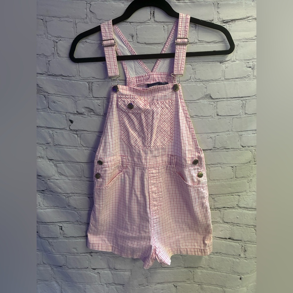 5/$20 Vintage Y2K Honors Girls‎ Pink White Gingham Denim Summer Overall Sz 14/16
